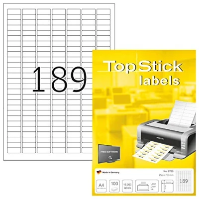 Abbildung von TopStick 8780 Universal Etiketten, 100 Blatt, 25,4 x 10 mm, 189 pro A4 Bogen, 18900 Stück, selbstklebend, bedruckbar, matt, blanko Papier Klebeetiketten Aufkleber, weiß