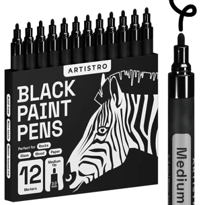 Abbildung von Artistro 12 Acrylstifte Schwarz, Stifte für Steine, Zeichenstifte Felsmalerei, Keramik, Glas, Holz, Stoff, Metall, Leinwand, DYI, Acrylfarbe Permanent Marker Schwarz mit Medium Feiner Spitze