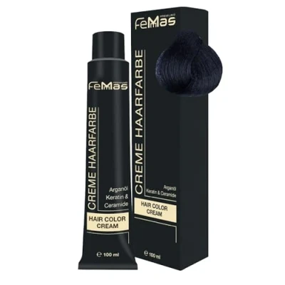 Abbildung von FemMas Haarfarbe Blauschwarz 1.1 I Professionelle Creme mit Arganöl, Keratin &amp; Ceramiden Als dauerhafte Haarfärbung oder Tönung für strahlende, haltbare Farbergebnisse 100 ml