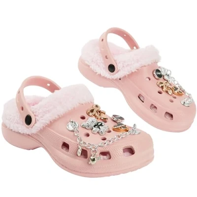 Abbildung von CityComfort Mädchen Clogs Kinder Hausschuhe, Warme Fleecefutter &amp; Abnehmbaren Schuh Charms, Geschenke für Teenager (31 EU, Hellrosa mit Charms)