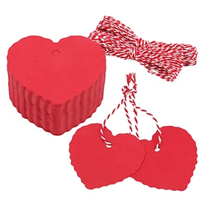 Abbildung von Herz Geschenkanhänger Valentinstag Anhänger Kraftpapier Etiketten, 100 Stück Tags mit Rot und Weiß Schnur, für Hochzeit Geschenke Basteln Deco (Rot)