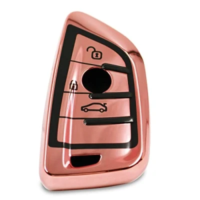 Abbildung von Autoschlüssel Hülle für 3 Tasten Auto Schlüssel TPU Schutzhülle Chrom Hochglanz Schlüsselhülle Cover Kfz Zubehör BD (Chrom Rosegold)
