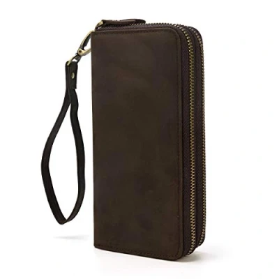 Abbildung von LUUFAN Echtes Leder Doppelreißverschluss Lange Brieftasche Große Kapazität Clutch Wallets mit Handschlaufe (Braun 3)