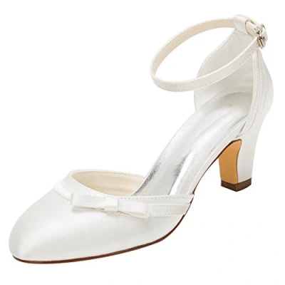 Abbildung von Emily Bridal Brautschuhe Elfenbein Hochzeit Schuhe High Heel Runde Knöchelriemen Bow (EU35, Elfenbein)