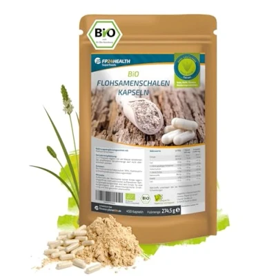 Abbildung von FP24 Health Bio Flohsamenschalen Kapseln 450 Stk 3.660 mg je Portion aus biologischem Anbau indische Flohsamen hochdosiert Hergestellt und geprüft in DE Ballaststoffe
