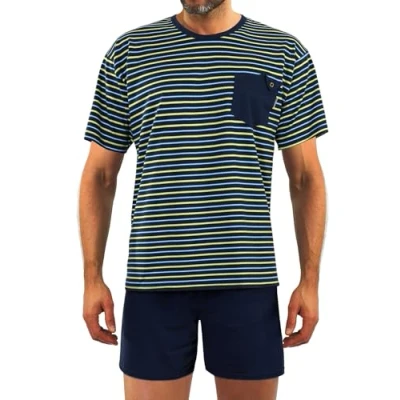 Abbildung von sesto senso Herren Schlafanzug Kurz Gestreift Pyjama Baumwolle Kurzarm T Shirt Pyjamahose Zweiteilig Set Grün Weiß L 05 K67L