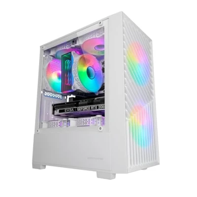 Abbildung von MARSGAMING MC Vortex, MicroATX Gaming Gehäuse, Geometrisches Mesh Frontpanel, Seitenscheibe aus gehärtetem Glas, 3X 120mm FRGB Rainbow Lüfter, Kompaktes PC Gehäuse mit Doppelkammere Design, Weiß