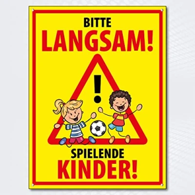 Abbildung von Hochwertiges Schild Aluminiumverbundplatte &quot; BITTE LANGSAM! SPIELENDE Kinder 400 x 300 mm rechteckig Vorsicht spielen Autofahrer langsam fahren Hinweisschild gelb rot