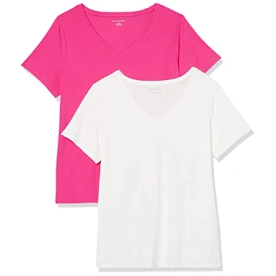 Abbildung von Amazon Essentials Damen T Shirt mit V Ausschnitt und kurzen Ärmeln in Übergröße, 2er Pack, Weiß/Dunkelrosa, 3XL Große Größen