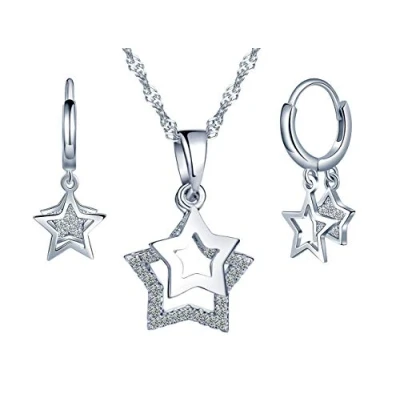 Abbildung von Yumilok Damen Halskette mit Stern Anhänger Ohrringe Creolen Ohrstecker Zirkonia 925 Sterling Silber Schmuck Sets für Frauen Mädchen