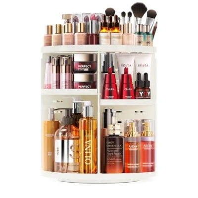 Abbildung von Auxmir Make Up Kosmetik Organizer, 360 Drehbar Skincare Beauty Schmink Kosmetikbox Aufbewahrungbox aus Kunststoff für Dresser Schlafzimmer Badezimmer, Weiß