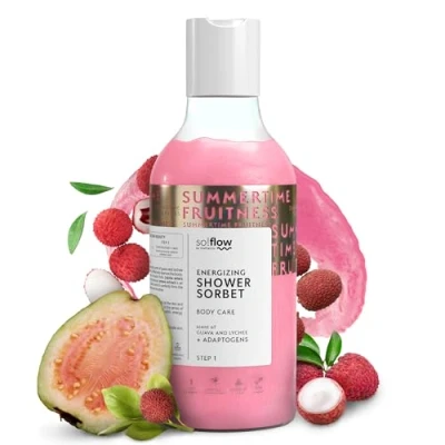 Abbildung von So!Flow Duschgel Damen Energisierendes Sorbet mit Guave &amp; Lychee Angereichert Passiflora Edulis Extrakt für pure Duschfreude Mädchen Naturkosmetik Duschbad