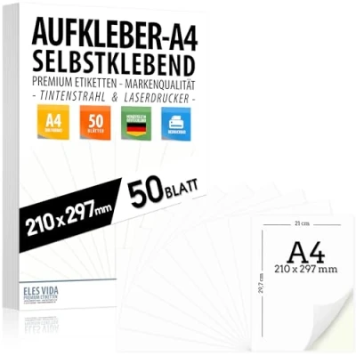 Abbildung von Selbstklebende DIN A4 Etiketten 50 Stück 210x297 mm, universell bedruckbar, matte weiße Oberfläche, kompatibel mit Inkjet und Laserdruckern, Aufkleber für vielseitige Anwendungen MADE IN GERMANY