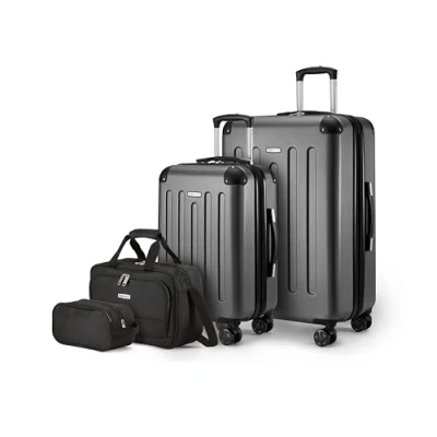 Abbildung von Amazon Basics Hartschalenkoffer Set, 4 teilig, Großer Koffer, Handgepäckkoffer, Tragetasche, Kompakte Reisetasche, Erweiterbar, Spinner Räder, Schwarz