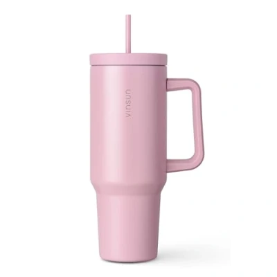 Abbildung von Vinsun Thermobecher 1200ml Pink mit Strohhalm und Henkel Tumbler Mug 40oz Kaffee, Tee, Eiskaffee isolierter Edelstahl Becher für Urlaub, Auto, Uni