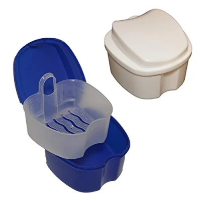 Abbildung von all around24 Dentalbox Zahnspangendose Sichere Aufbewahrung in der Prothesendose Gebiss Blau und Weiß Robuste Zahnspangen Dose inkl. Sieb (Blau)