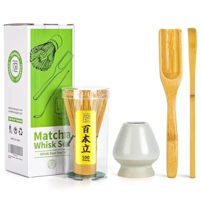 Abbildung von TEANAGOO Japanische Matcha Zeremonie, Schneebesen (Chasen), traditioneller Schöpflöffel (Chashaku), Teelöffel, mattweißer Schneebesenhalter, I3, das perfekte Set für die Zubereitung einer
