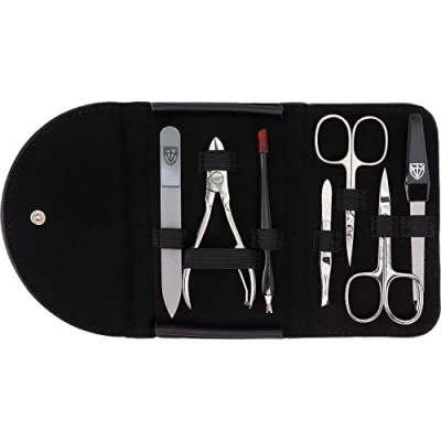 Abbildung von DREI SCHWERTER Germany 7 tlg. &#039;Romagna&#039; Maniküreset Nagel Set Etui in ECHT LEDER schwarz Inhalt: Nagelschere, Hautschere, Glasnagelfeile, Nagelzange, Pinzette, Hautentferner
