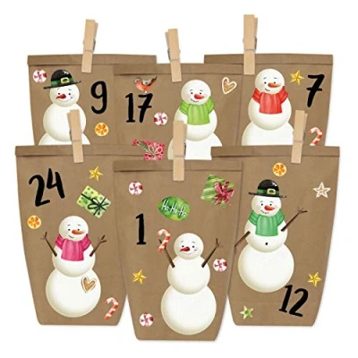 Abbildung von Papierdrachen Adventskalender zum Befüllen Schneemann Aufkleben mit 24 braunen Papiertüten und tollen Stickern für Kinder Weihnachten