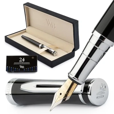 Abbildung von Wordsworth &amp; Black Füllfederhalter Set, feine 18 Karat Goldfeder, inklusive 24 Tintenpatronen, Kolbenkonverter und Geschenkbox, goldfarben, Kalligraphie, Chrom Schwarz
