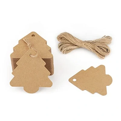 Abbildung von jijAcraft Geschenkanhänger Weihnachten Anhänger Kraftpapier Etiketten, 100 Stück Christmas Tree Tags mit Jute Schnur, für Weihnachtsgeschenke Dekoration (Braun)