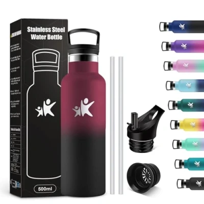 Abbildung von KollyKolla Edelstahl Trinkflasche Kinder 500ml, Vakuum Thermosflasche mit Strohhalm, BPA Frei Doppelwandig, Kohlensäure Geeignet, Isolierflasche für Camping, Fahrrad, Fitness, Sprudel