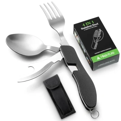 Abbildung von Hikenture 4 In 1 Campingbesteck Messer Gabel Löffel Flaschenöffner Set aus Edelstahl mit Gürteltasche Klappbesteck Besteckset Person für Camping und Outdoor (Schwarz)