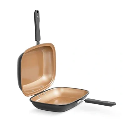 Abbildung von LIVINGTON Black Doubletta Wendepfanne Kochen, Braten, Backen, Grillen ergonomischer Griff geeignet für alle Herdarten Non Stick Beschichtung