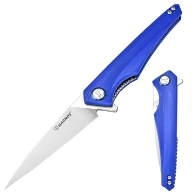 Abbildung von Harnds Qingluan Klappmesser mit D2 Stahlklinge und G10 Griff Taschenclip für EDC Outdoor Abenteuer Camping Messer (Blau)