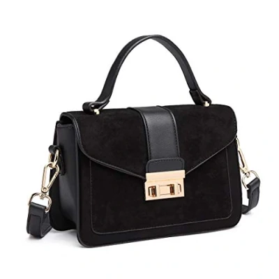 Abbildung von Miss Lulu Damen Umhängetasche Mittelgroß Henkeltasche Tasche mit Kunstleder und Wildleder Vintage Flap Handtasche Crossbody Bag Elegant Exquisit