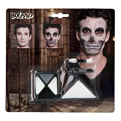 Abbildung von Boland 45087 Schmink Set Skelett, 7 teilig, 4 Schminkfarben, 1 Schminkstift, Schwamm, Applikator, Schminke für Halloween, Karneval, Mottoparty
