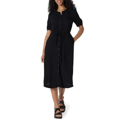 Abbildung von Amazon Essentials Damen Tailliertes A Linien Midikleid mit halblangen Ärmeln in lockerer Passform, Schwarz, S