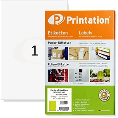 Abbildung von Printation 210 x 297 mm Power Etiketten Haft PLUS stark haftend, selbstklebend bedruckbar 100 Blatt DIN A4 210x297 Universal Klebeetiketten weiß Papier Labels/Aufkleber/Stickerpapier 3478 6119 4631