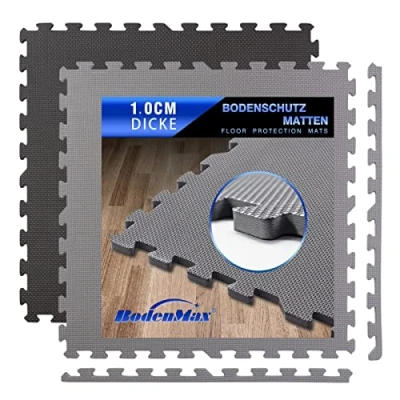 Abbildung von BodenMax Trainingsmatte Fitnessmatten Sportmatte Pool Unterlegmatte Bodenschutz Sprossenwand Fallschutzmatten 58x58x1 cm grau 12 Stück