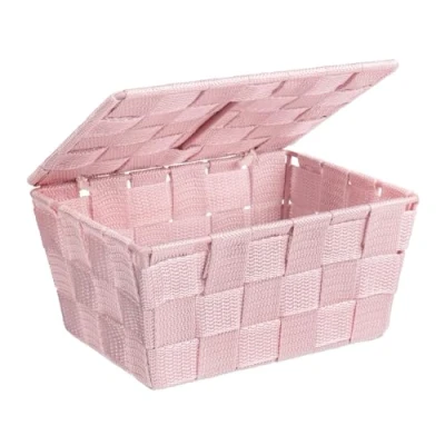 Abbildung von WENKO Badkorb Mod. Adria Aufbewahrungsbox für Bad und Kinderzimmer aus hochwertigem Kunststoff Geflecht mit Deckel rosa Maße 19 x 10 14 cm