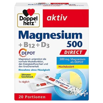 Abbildung von Doppelherz Magnesium 500 + B12 D3 DIRECT mit DEPOT Funktion als Beitrag für die normale der Muskeln und des Nervensystems 20 Portionen Micro Pellets