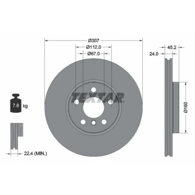 Abbildung von TEXTAR 92283605 Bremsscheibe 307 24 05/06 112 innenbelüftet beschichtet hochgekohlt ohne Radlager, Radbefestigungsbolzen, Radnabe BMW: X1