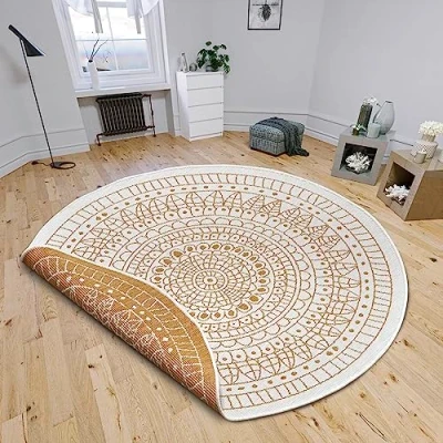 Abbildung von Northrugs Porto in und Outdoor Teppich Rund Runder Wendeteppich Wasserfest Mandala Design Flachgewebe Wetterfest für Balkon, Terrasse, Garten, Wohnzimmer Ocker, ⌀100cm