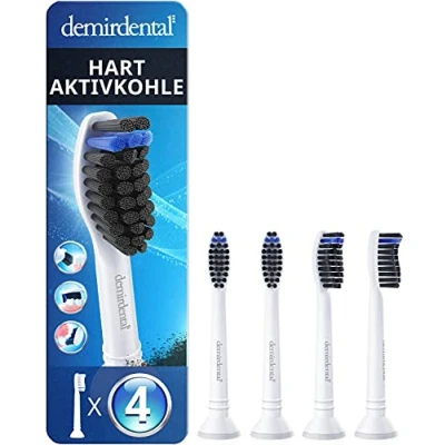 Abbildung von 4er demirdental Aktivkohle Aufsätze passend für Philips Sonicare Ersatzbürsten, Harte Bürstenköpfe extra intensive &amp; natürliche Reinigung, Weiß, entspricht HX9054