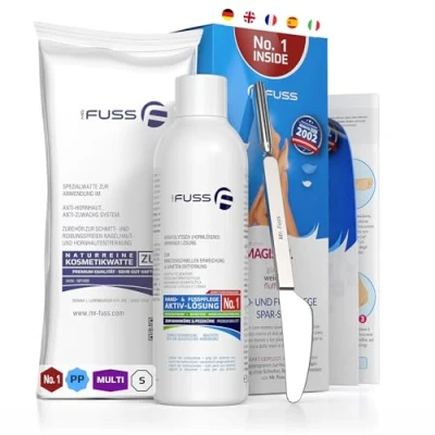 Abbildung von Mr. Fuss® No. 1 Plus Pack Multi Klein, Nagelhaut Hornhautentferner Sparpaket 3 tlg. Aktiv Lösung Schnell &amp; Stark erweichend 200 ml, Watte, Multitool
