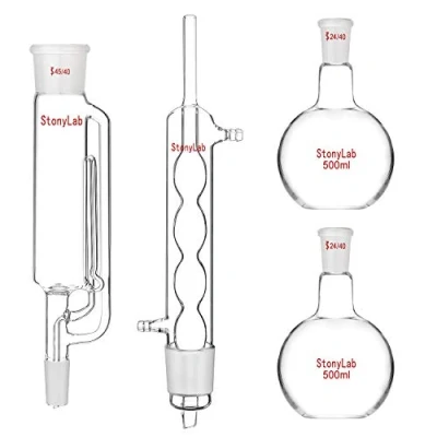 Abbildung von stonylab 500 ml Soxhlet Extraktionsapparat, Borosilikatglas 45/40 Extraktor mit Allihn Kühler und 2 Flachbodenkolben 24/40 Schliff, Komplettset