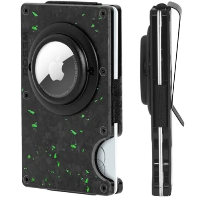 Abbildung von ROSSM Airtag Geldbörse Herren mit RFID Schutz Kartenetui aus Kohlefaser und Metall Geldklammer Gummiband Geldbeutel Slim Wallet for Men