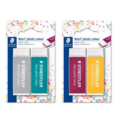 Abbildung von STAEDTLER Radierer Mars plastic colour, geringe Krümelbildung, Phthalat und latexfrei, Blisterkarte mit 2 Radierer, 52650E1BK2