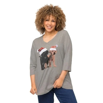 Abbildung von Ulla Popken WEIHNACHTS, PAILLETTEN, ALINIE, RUNDHALS, 3/4ARM Langarmshirt, Damen, Größe: 50/52, Grau melange