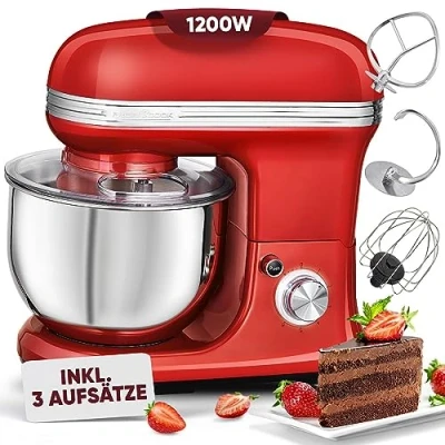 Abbildung von ProfiCook® Küchenmaschine zum backen Knetmaschine 5L mit starkem 1200W Motor Teigmaschine inkl. Haken &amp; Schneebesen Retro Teigknetmaschine Spritzschutz Nachfüllöffnung PC KM 1197 rot