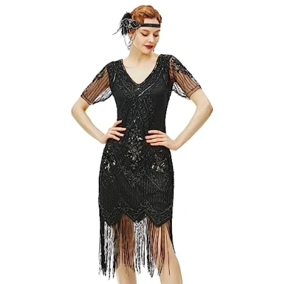 Abbildung von BABEYOND 1920s Kleid Damen Flapper mit Kurzem Ärmel Gatsby Motto Party Kostüm (Schwarz, L)