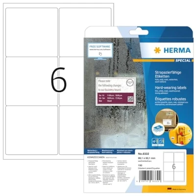 Abbildung von HERMA 8332 Wetterfeste Versandetiketten, 25 Blatt, 99,1 x 93,1 mm, 6 pro A4 Bogen, 150 Stück, selbstklebend, bedruckbar, matt, blanko Adressetiketten Aufkleber aus Folie, weiß