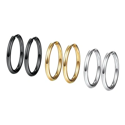 Abbildung von PROSTEEL 3 Paare Ohrringe Set 20mm Creolen Huggie Kreolen Edelstahl Hoop Klappcreolen Ohr Piercing Gold Schwarz Silber Farbe