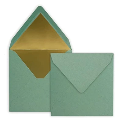 Abbildung von 25 quadratische Brief Umschläge 15,5 x cm, Kraftpapier Recycling Eukalyptus mit Gold Papier gefüttert Nassklebung Vintage Look