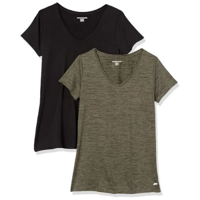 Abbildung von Amazon Essentials Damen Tech Stretch T Shirt mit kurzen Ärmeln und V Ausschnitt (erhältlich in Übergröße), 2er Pack, Olivgrüner Weltraumfarbstoff/Schwarz, M